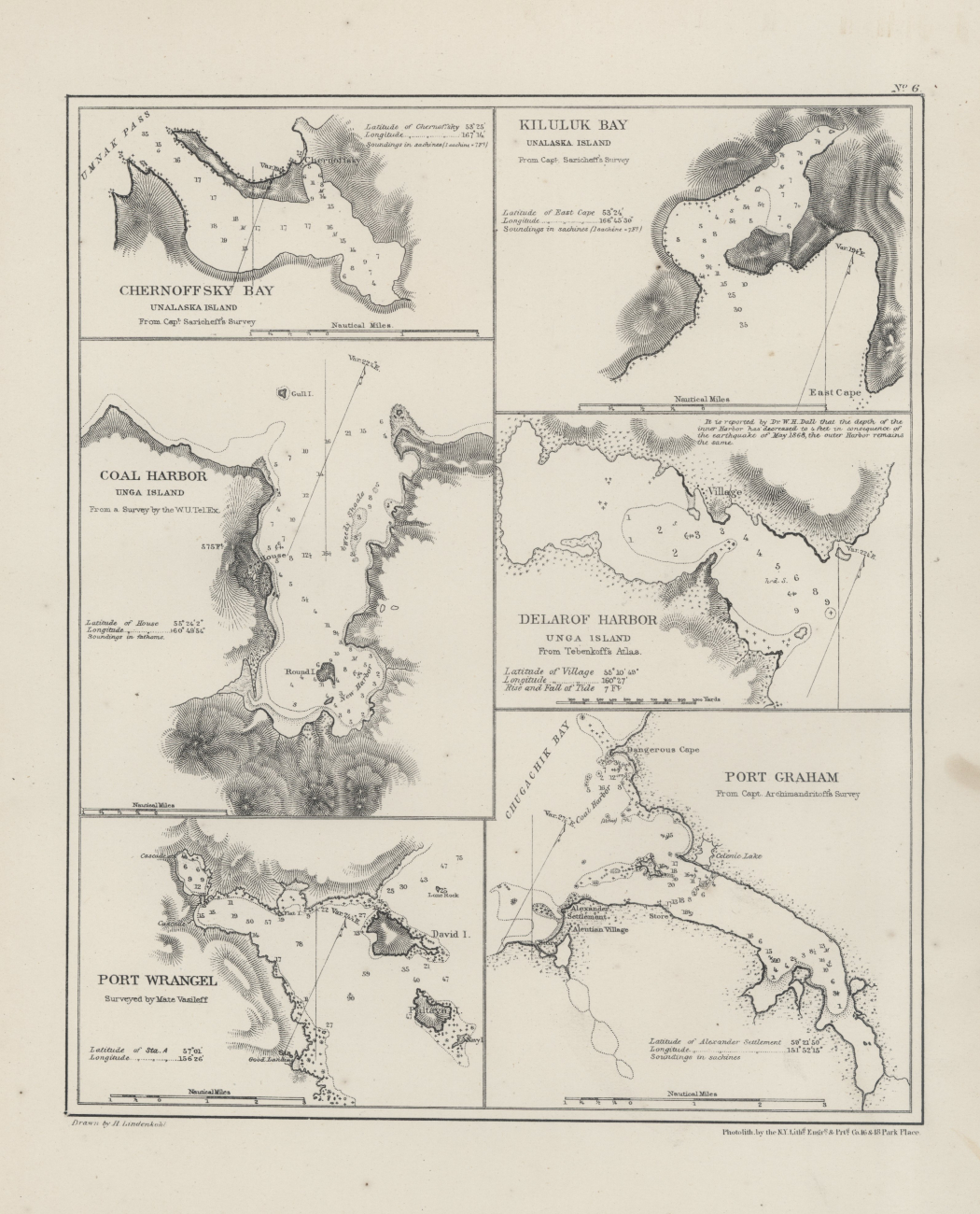 Chart of Chernoffsky Bay, Coal Harbor, Port Wrangel, Kiluluk Bay, DelarofHarbor, and Port Graham