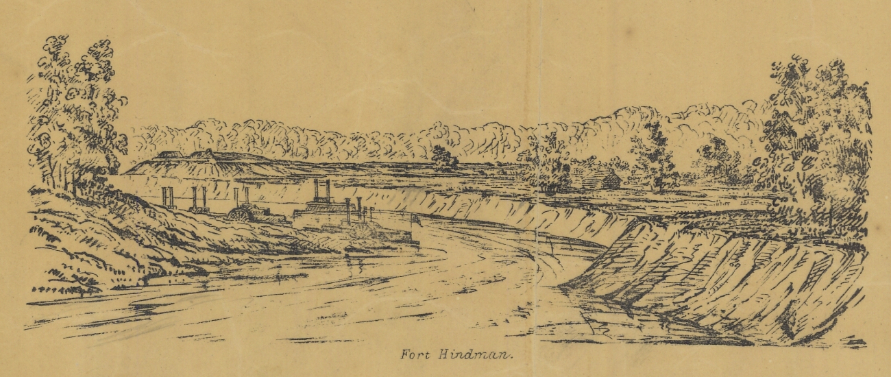 View of Fort Hindman with the Union gunboats drawn by Clarence Fendall, U