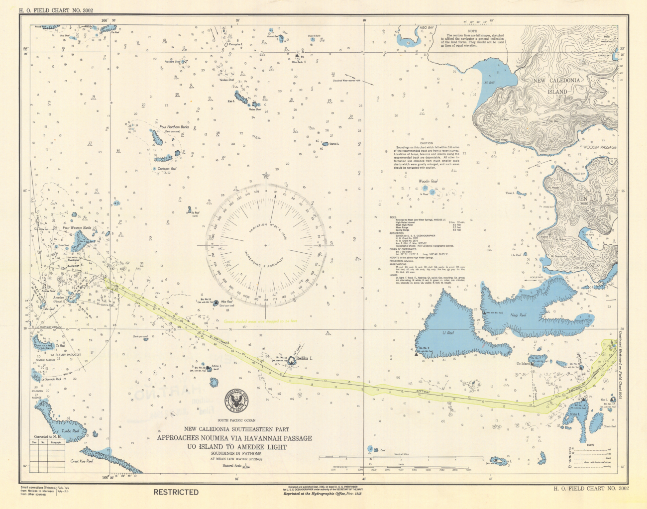 Field Chart 3002 South Pacific Ocean New Caledonia Southeastern Part ApproachesNoumea Via Havannah Passage Uo Island to Amedee Light