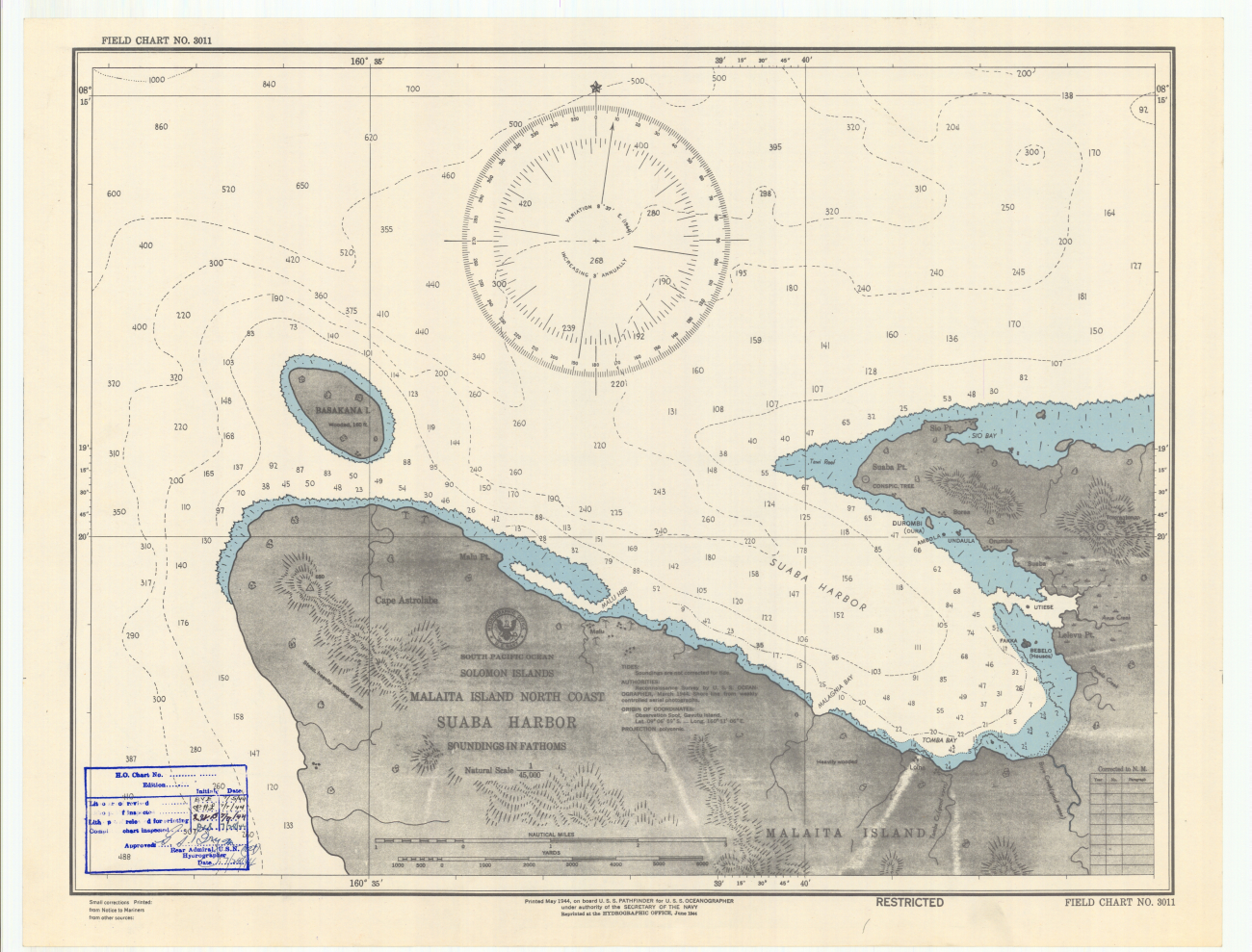 Field Chart 3011 South Pacific Ocean Solomon Islands Malaita Island NorthCoast Suaba Harbor