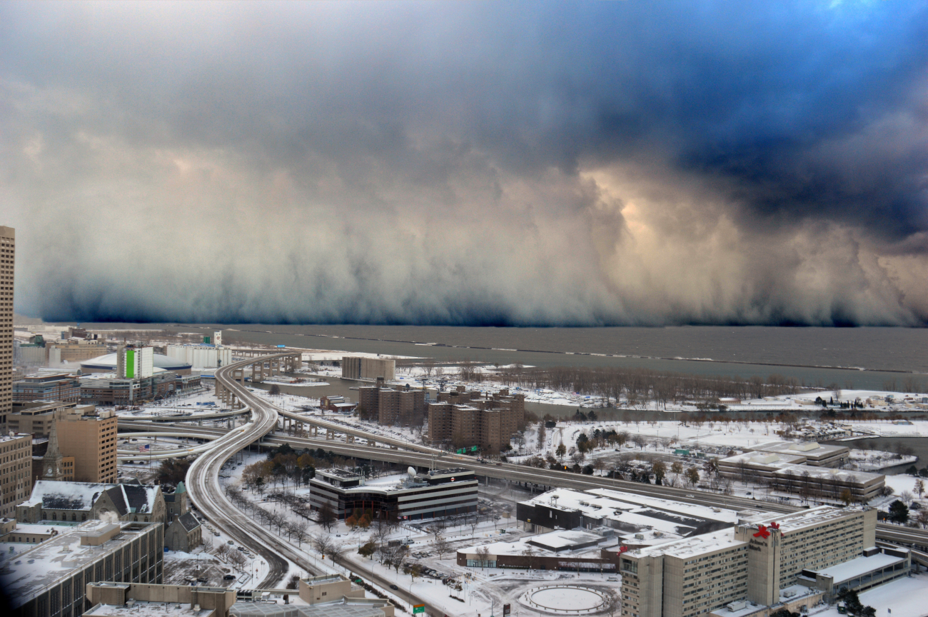 A wall of intense snowfall desending on the Buffalo Southtowns during the firstof two historic back-to-back lake-effect snow events in November 2014