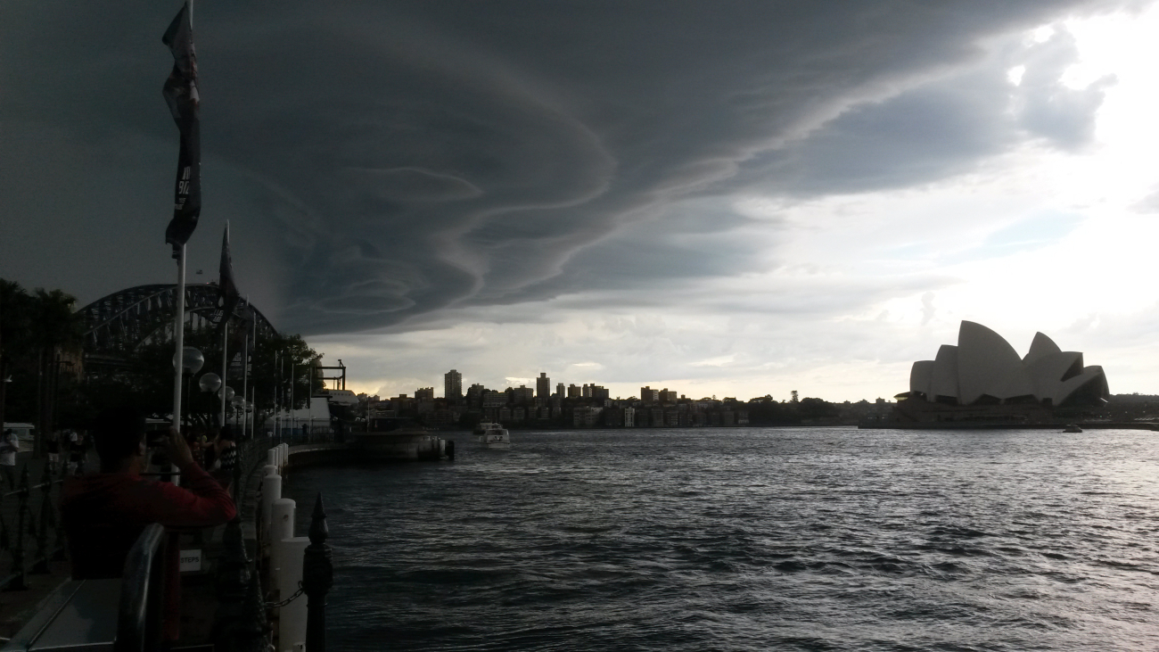 A severe thunderstorm moving into downtown Sydney, Australia