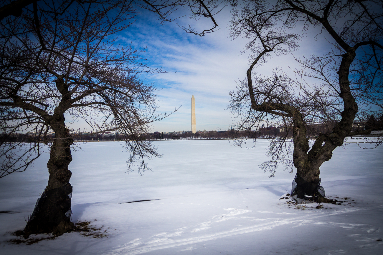 Frozen Tidal Basin looking towards the Washington Monument