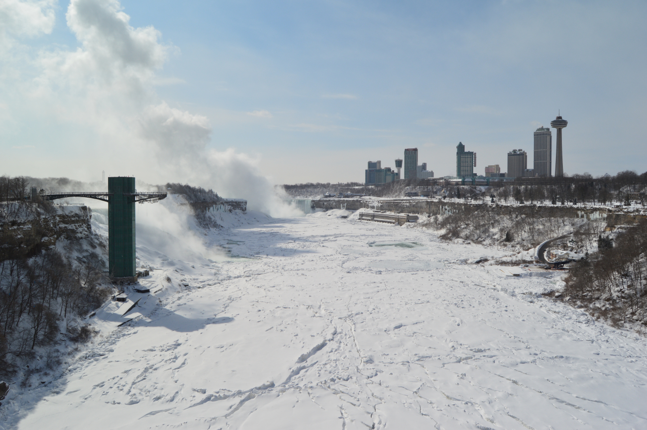 Looking up the frozen Niagara River toward Niagara Falls during therecord coldest month in nearby Buffalo New York's climate history