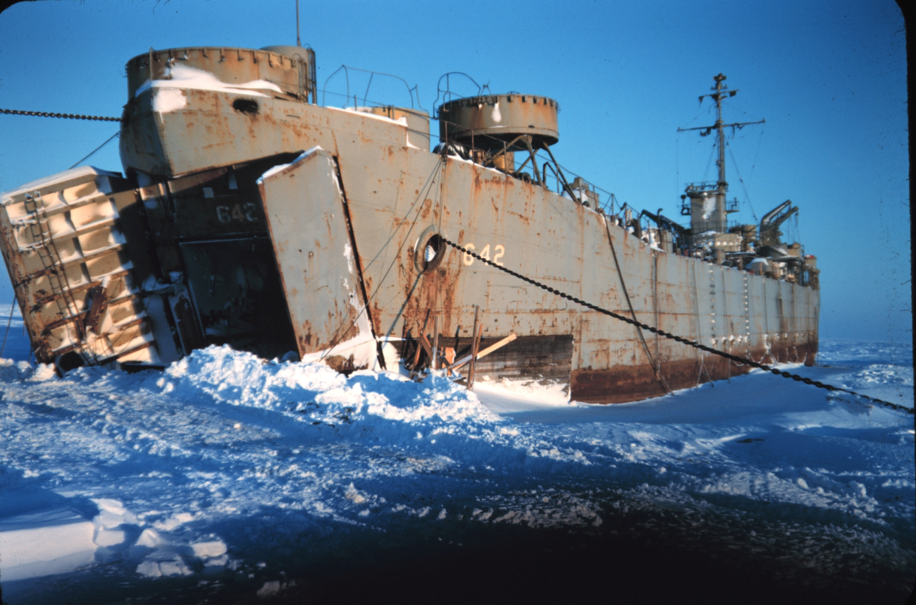 A Navy landing ship used for supplies - frozen in to the Arctic Ocean in 1948