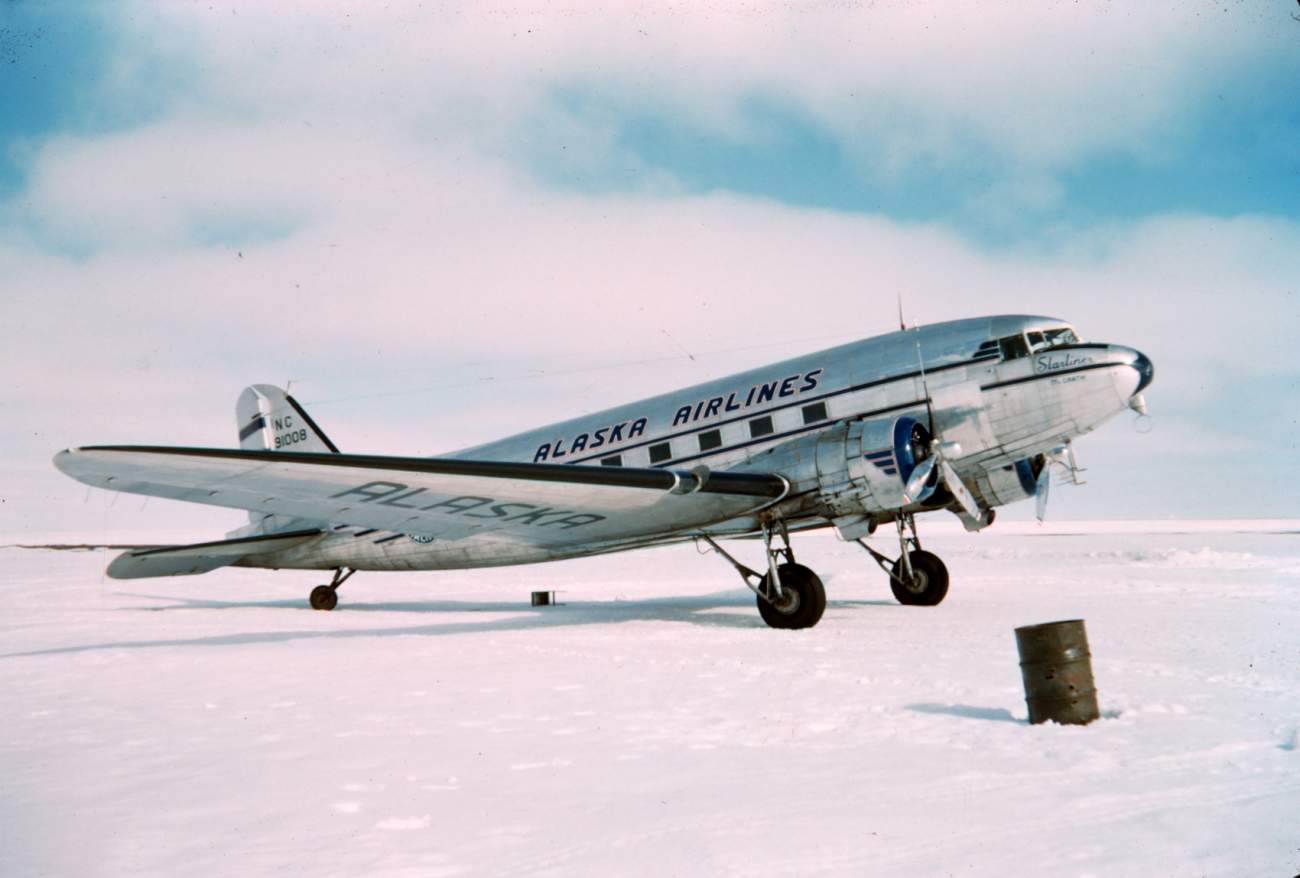 Large planes with conventional landing gear can land on the sea iceA DC-3 offshore at Tigvariak Island