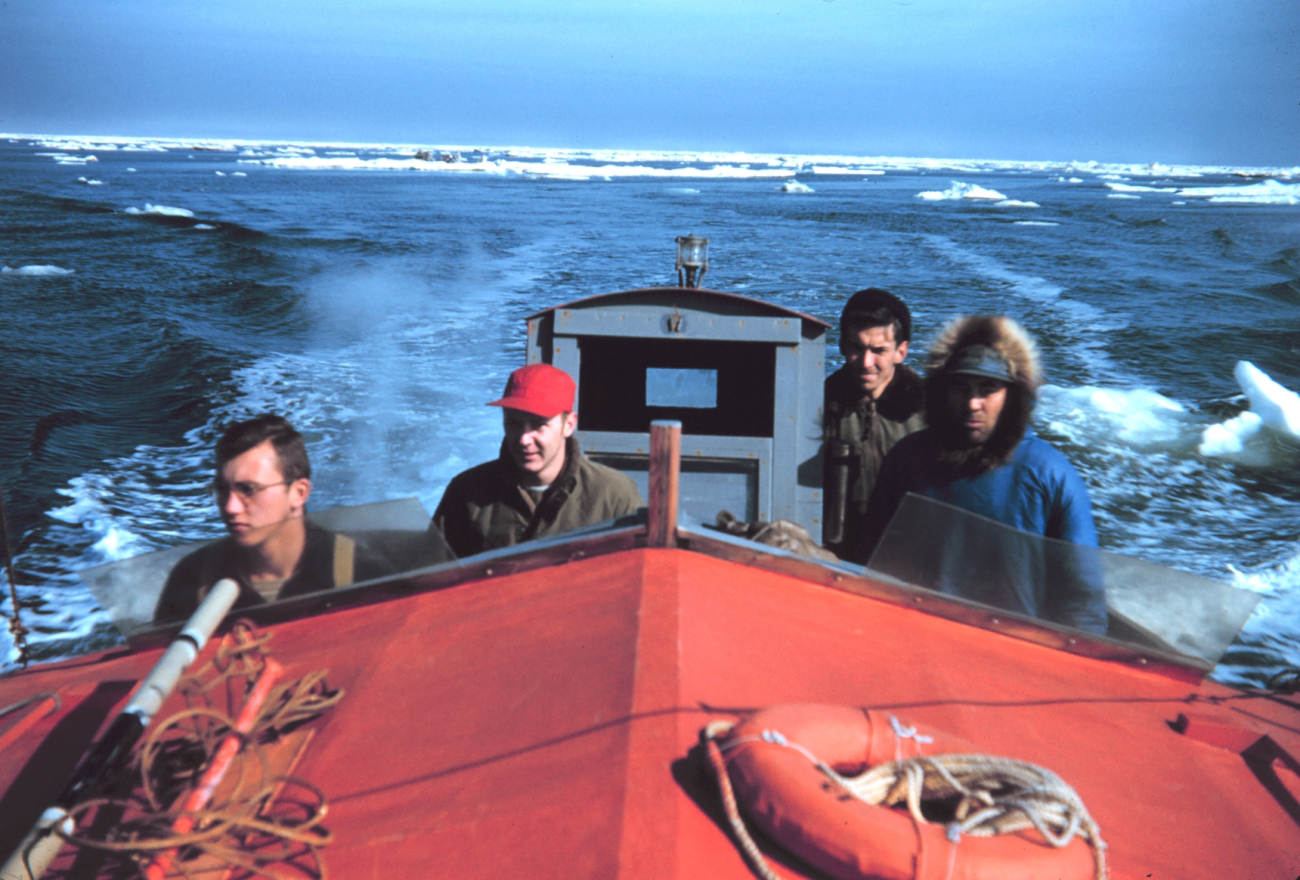 Cruising through an ice field - l to r - Ted Shanahan, Stan Jeffers,Jerry Gray, and Simon Tagarook