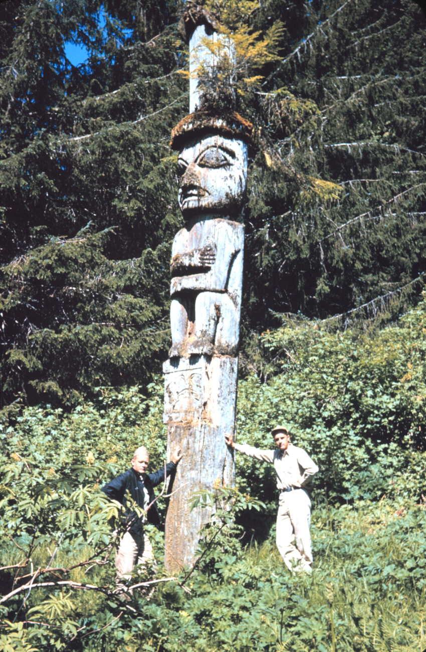 Harley Nygren on the right next to a magnificent totem pole at Old KasaanSurvey crew off the PATHFINDER