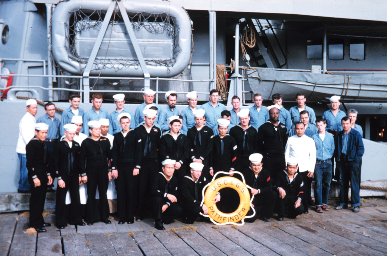 The crew of the PATHFINDER - the year following this picture, crew navy-styleuniforms were no longer mandatory for crew and chiefs