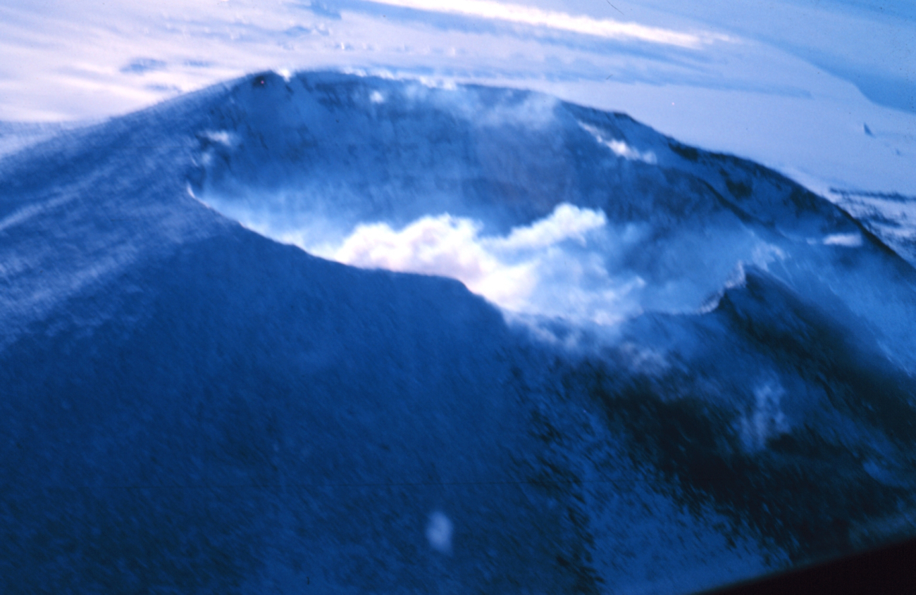 A view down into the Mount Erebus volcano caldera