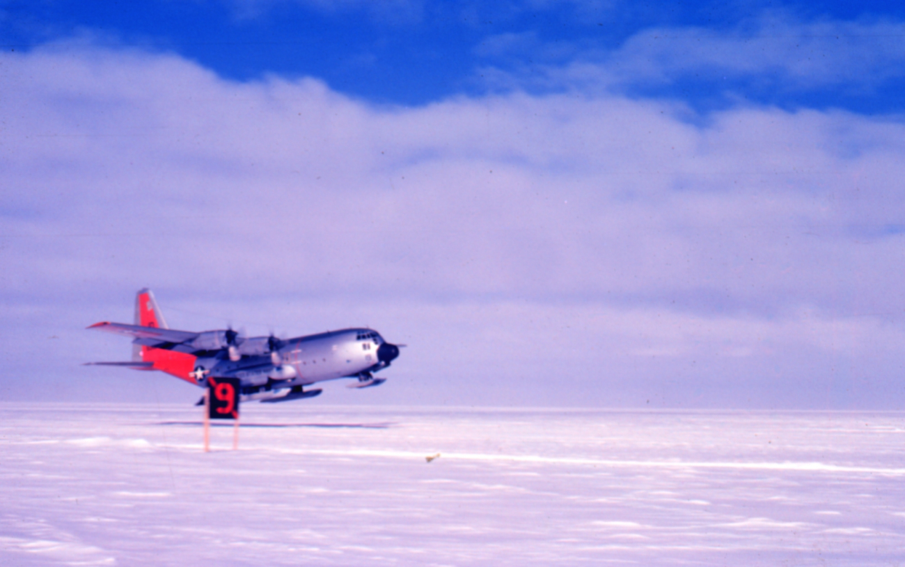 Ski-equipped C-130 taking off from the South Pole
