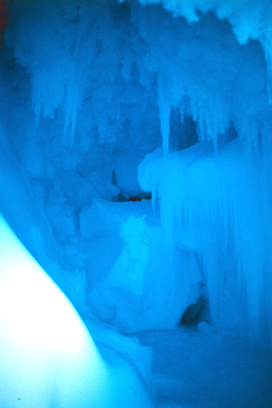Ice crystals and icicles at the entrance to the cave at Erebus Glacier tongue