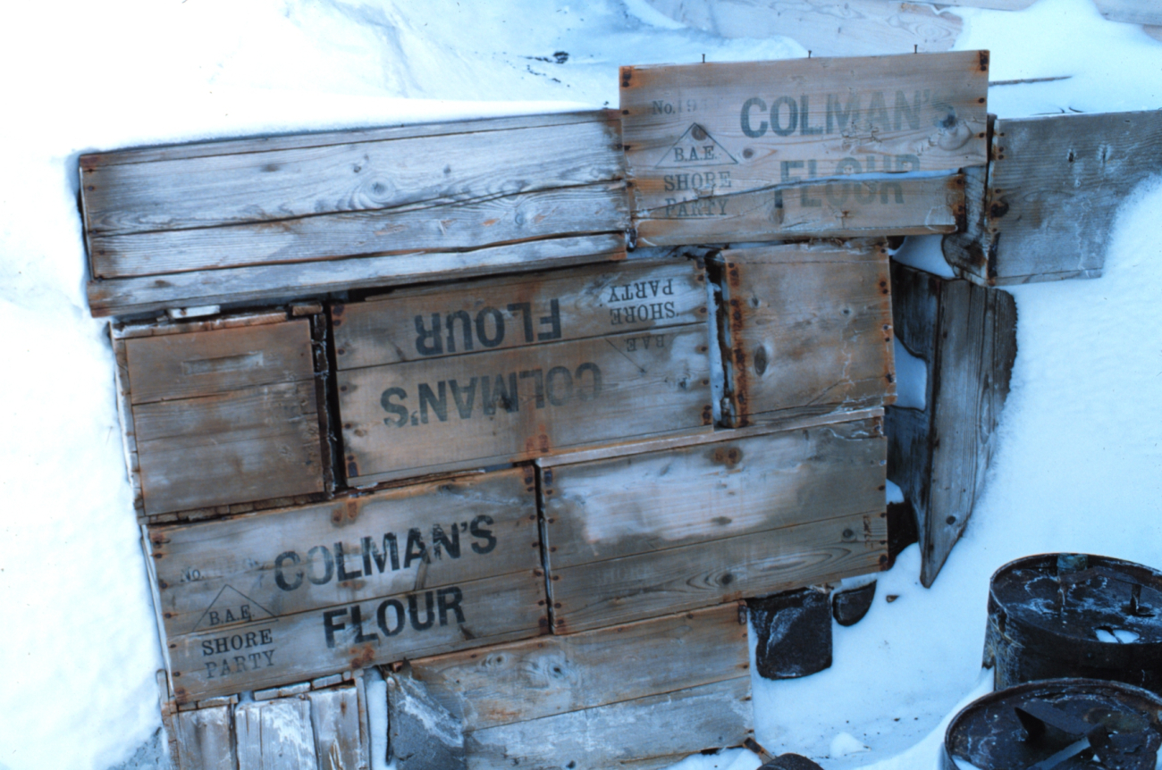 Boxes of Colman flour preserved since 1911 at Scott shelter at Cape Evans