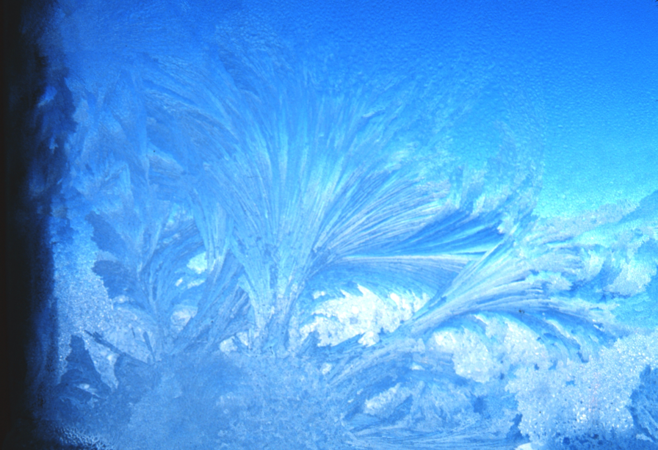 Beautiful frost patterns develop on the windows of the Clean Air Facility