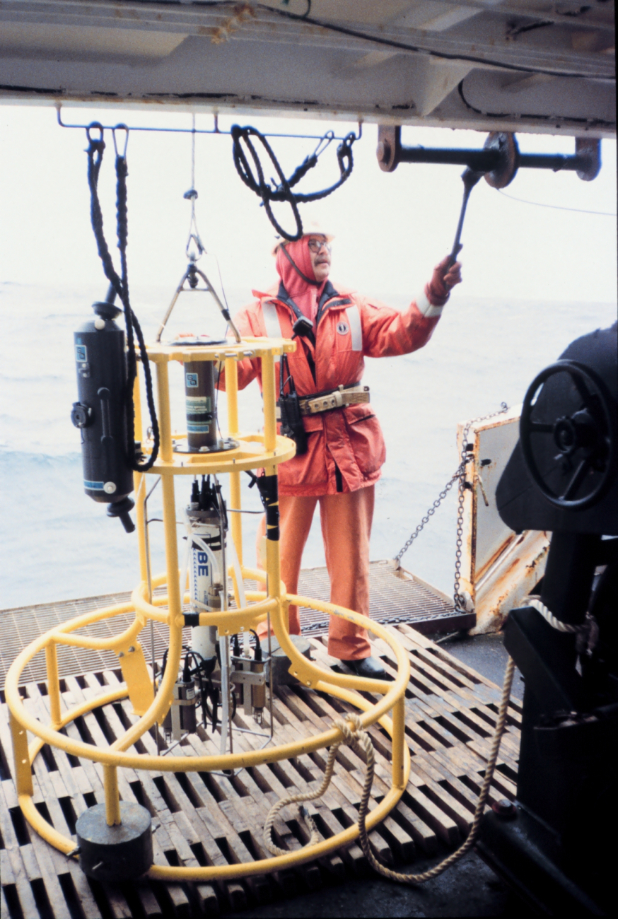 Conductivity-Temperature-Depth measuring instrument on deck ready fordeployment