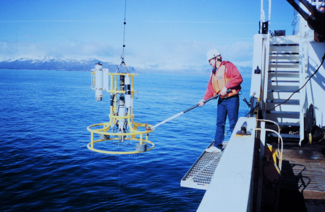 Conductivity-Temperature-Depth rosette being recovered on a rare calm day inwestern Alaska waters