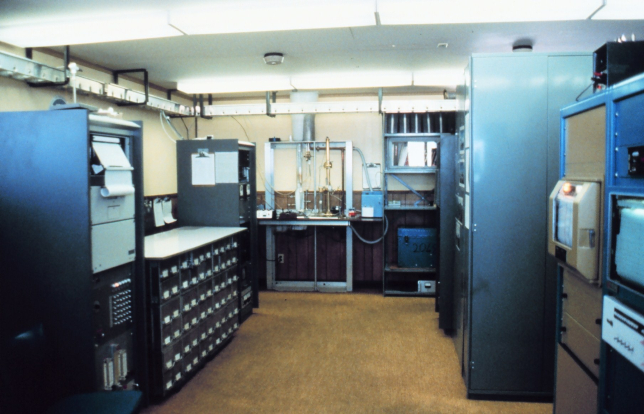 Interior of Clean Air Facility with air sampling stack in the center