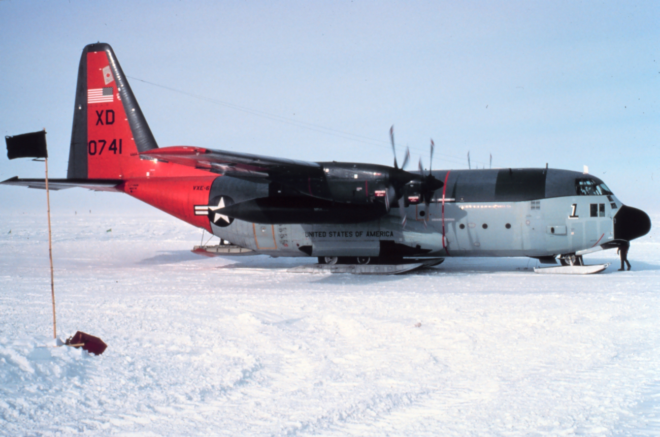 Ski-equipped C-130 on the ground at South Pole Station