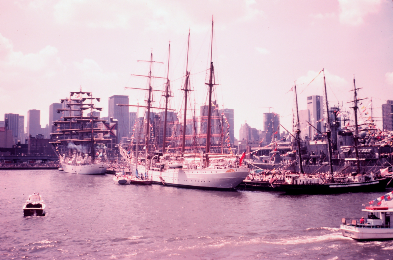 Tall ships tied up in New York Harbor