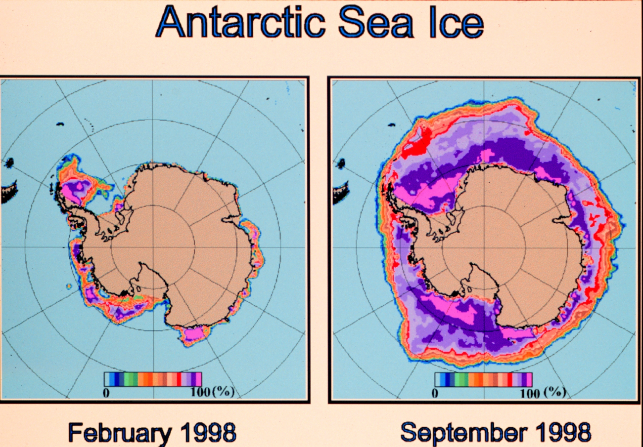 Antarctic sea ice cover in February 1998 and September 1998