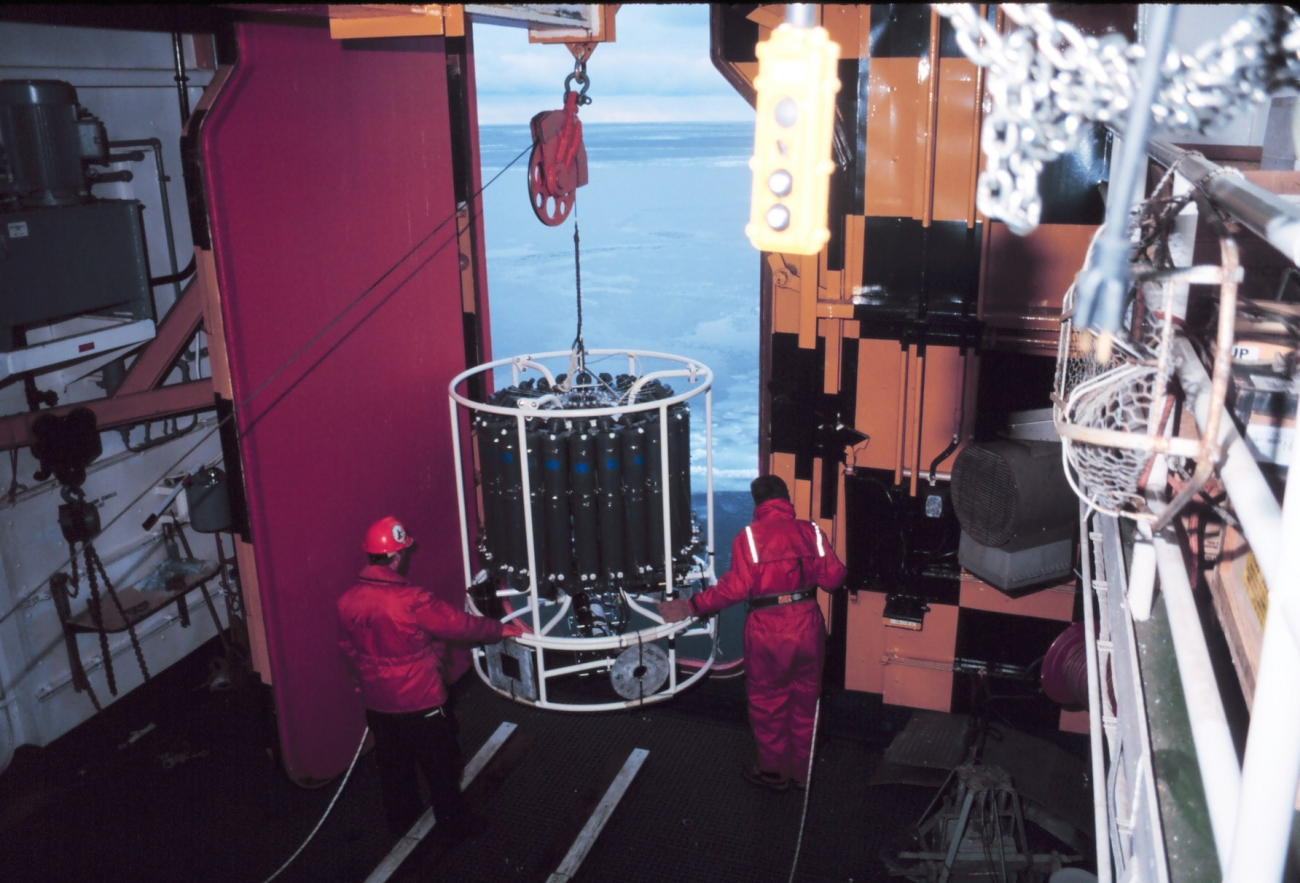 CTD Rosette being deployed from the baltic room of the the National ScienceFoundation, Research Ice Breaker, NATHANIEL B