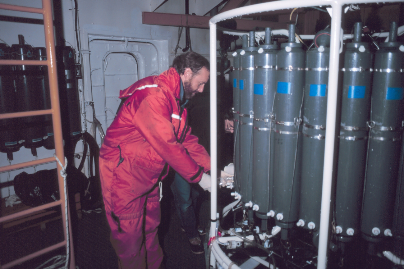 Water samples being drawn from the CTD Rosette on the National ScienceFoundation, Research Ice Breaker, NATHANIEL B