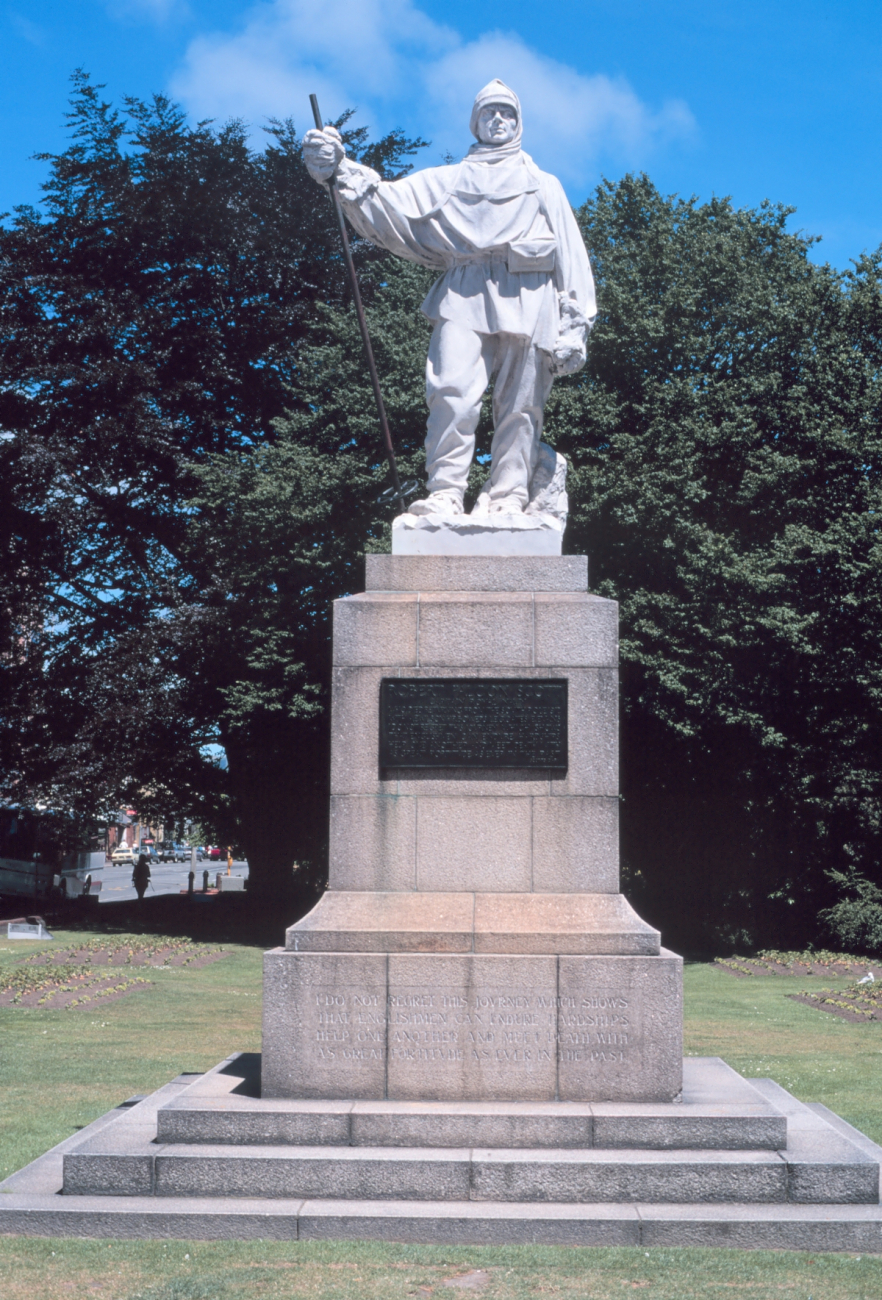 Statue of Robert Falcon Scott along the Avon River in Christchurch, New Zealand