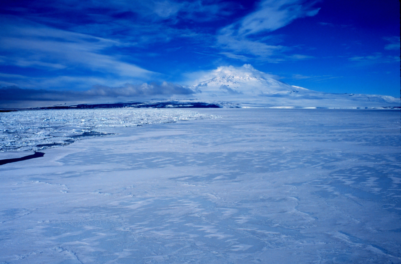 Mount Erebus on Ross Island from the deck of the NATHANIEL B
