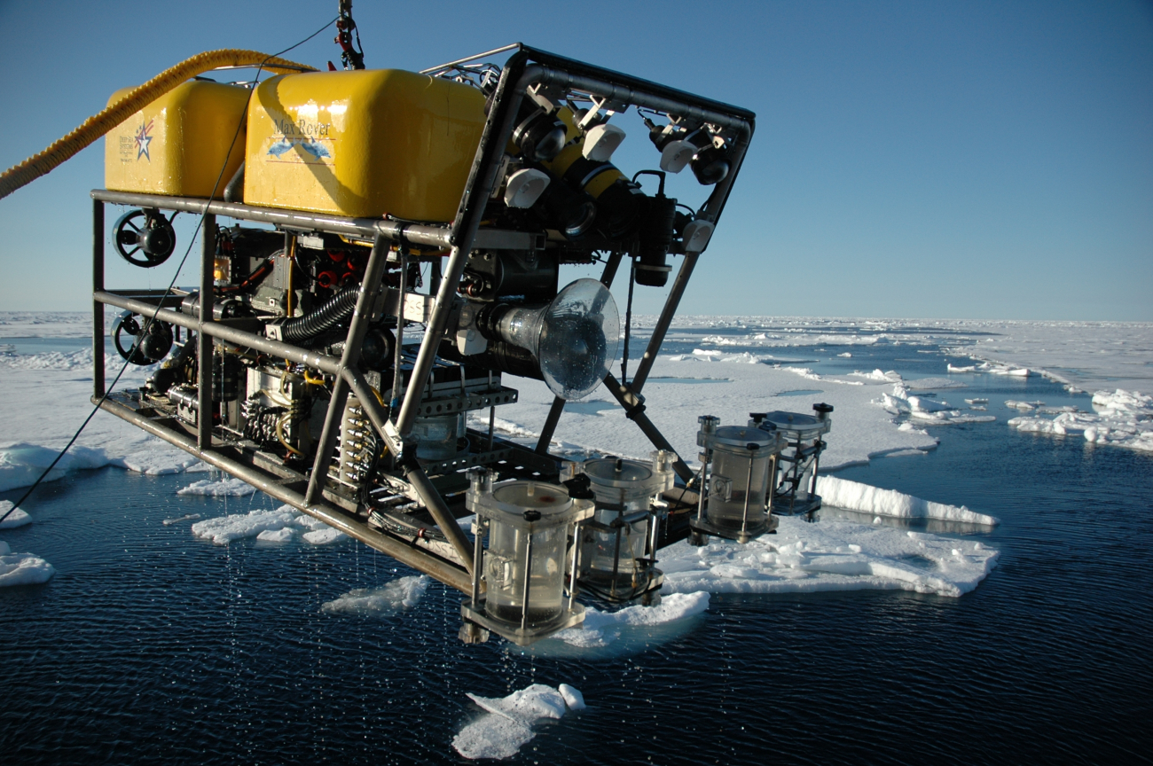 The ROV is brought back on board after a dive deep into the Canada Basin