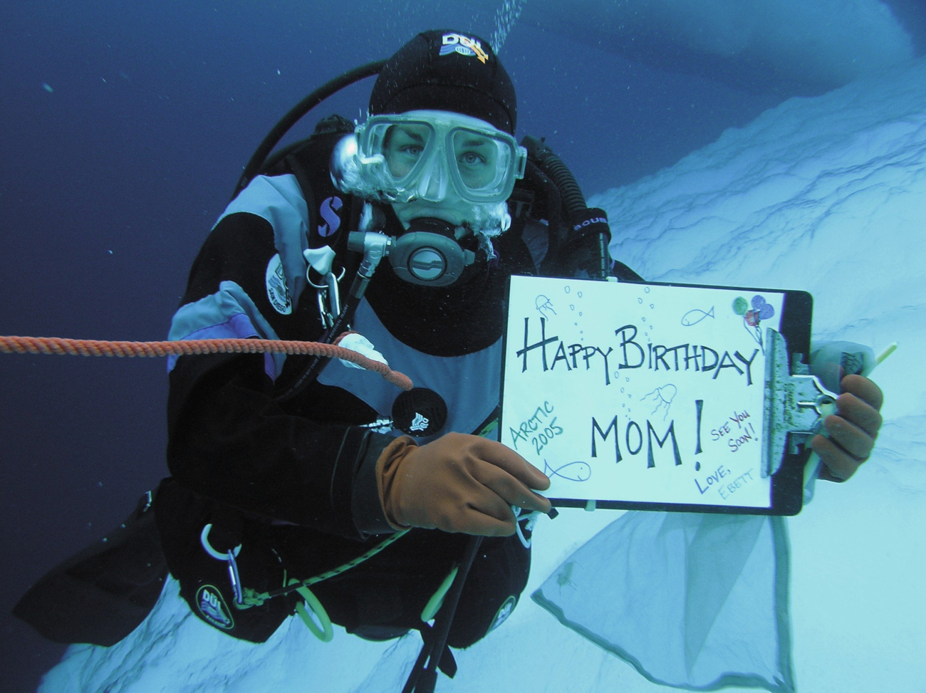 Out at sea on the USCGC Healy for a month, ice diver Elizabeth Calvertgets creative making a birthday card she can digitally send to her mother