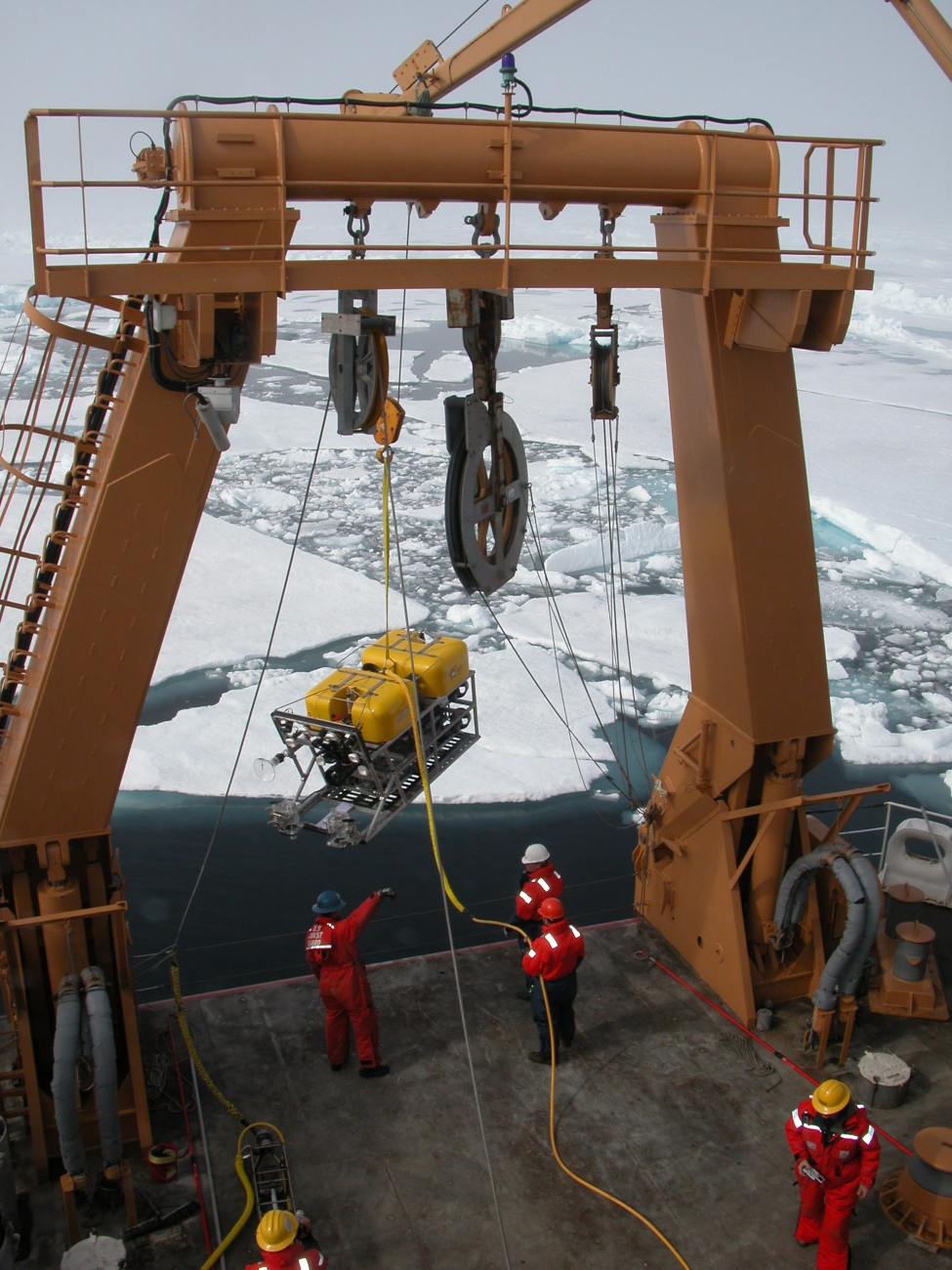 The ROV is deployed off the back of the boat using the Healy's A-Frame