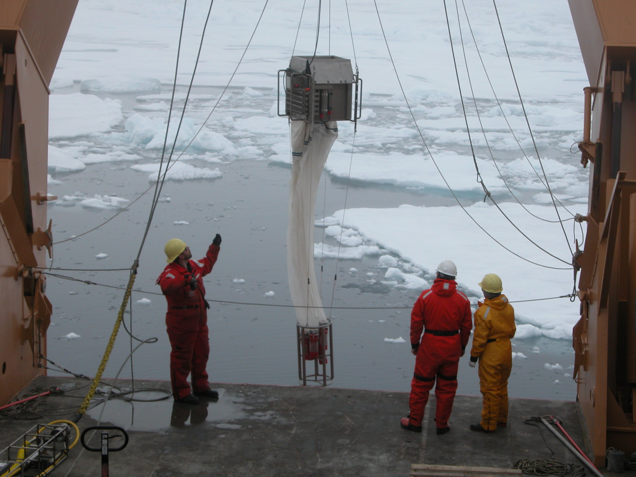 An operational multi-net used to collect zooplankton samples from differentdepths in the water column is deployed! The multinet is lowered on a cable thatalso provides power and communication between scientists on board and theequipment deep in the ocean