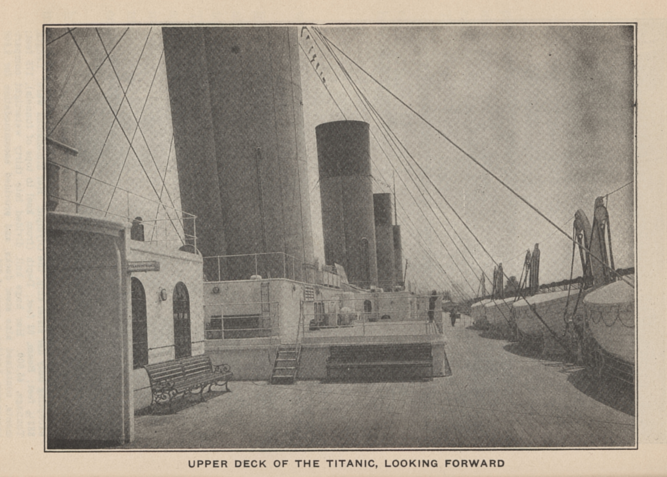 Upper deck of the TITANIC looking forwardIn: Marshall, Logan 1912