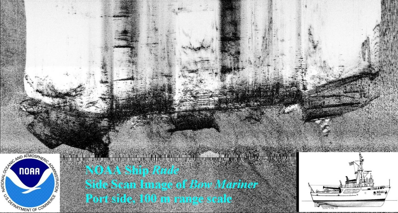 Port side view of sunken ship BOW MARINER obtained by NOAA Ship RUDE using100-meter sidescan sonar range
