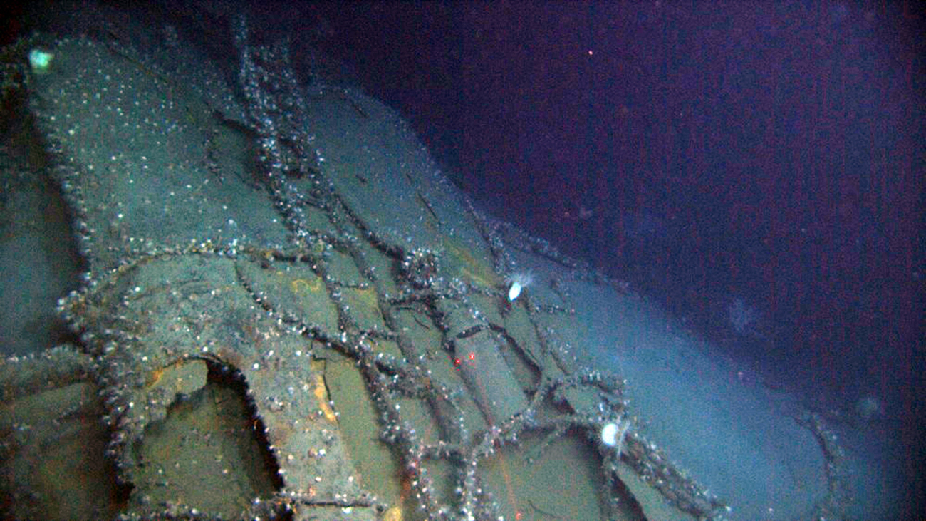 The stack was discovered intact resting beside the starboard hull
