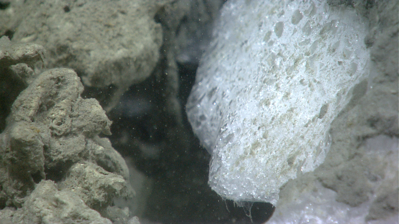 A closeup view of a methane hydrate outcrop at a cold seep site