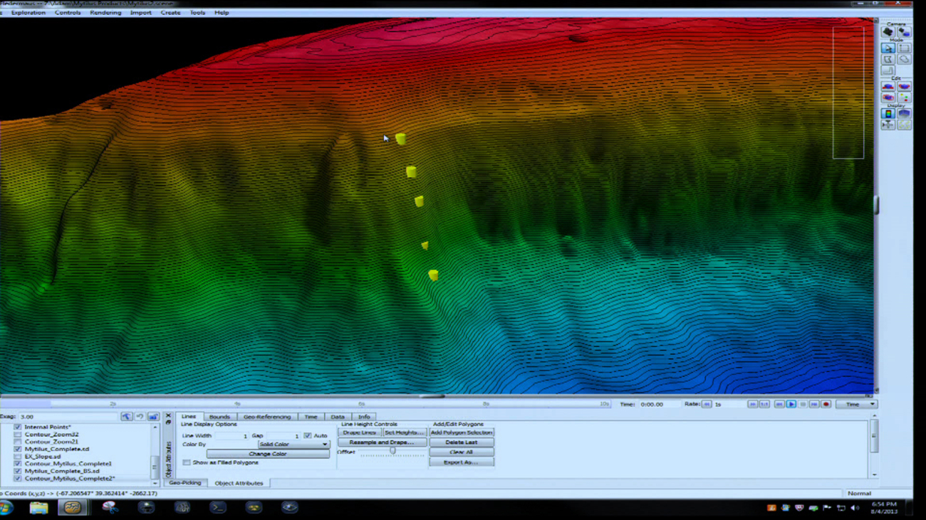 3-D view of ROV D2 climbing  wall to summit of Mytilus Seamount