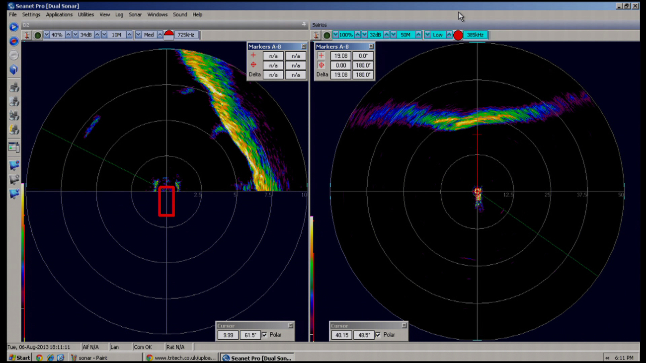 Sonar display of forward looking sonar on Deep Discoverer as it encounters anescarpment