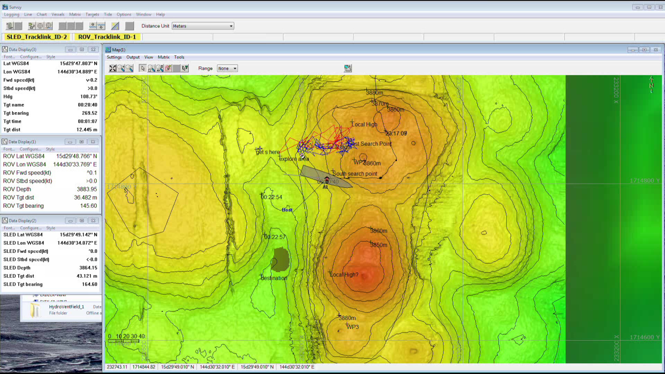 Screen capture of location of ship, Deep Discoverer, and Serios relative toseafloor topography