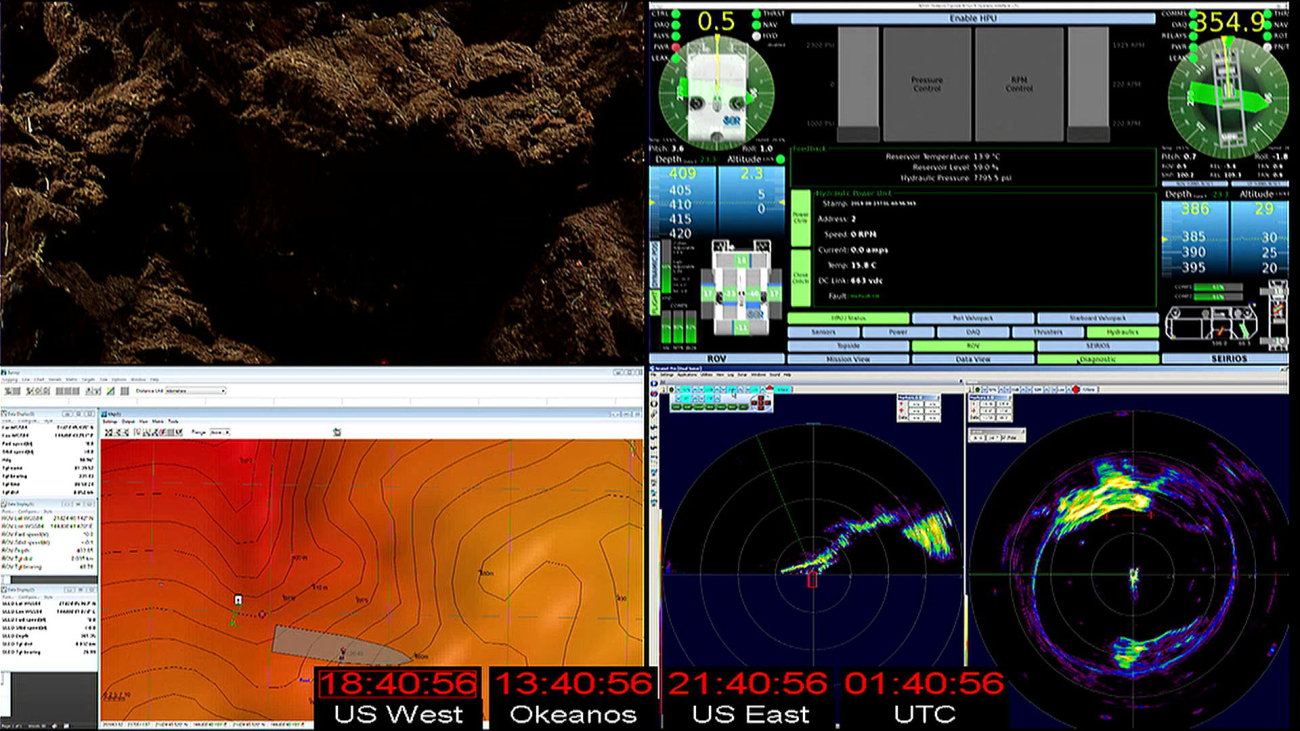 Various displays showing depth, orientation of Deep Discoverer and Serios,bathymetric map showing general configuration of bottom, OKEANOSEXPLORER heading and location relative to Deep Discoverer, sonar images ofbathymetry relative to ROV, and image ofbottom