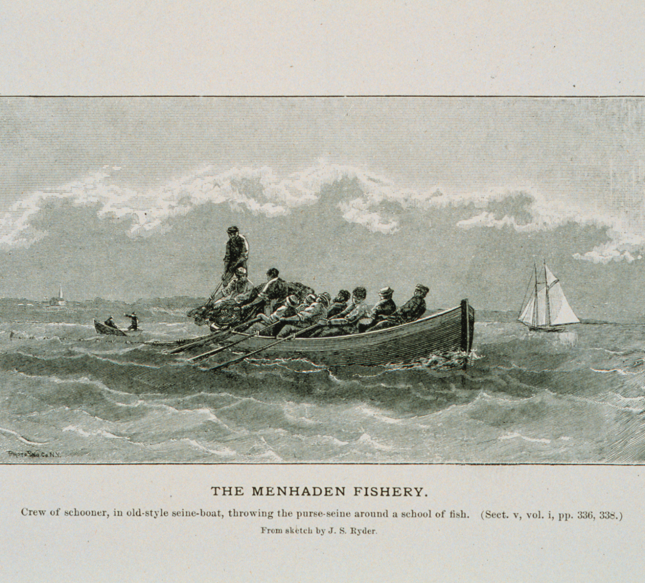 Crew of schooner, in old-style seine-boat, throwing the purse-seineFrom sketch by  J