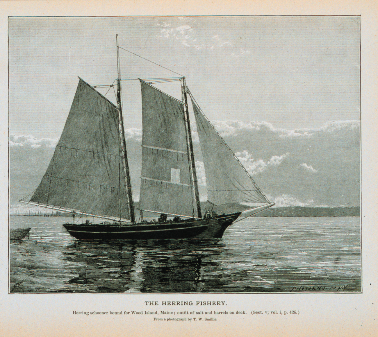 Herring schooner bound for Wood Island, MaineOutfit of salt and barrels on deckFrom a photograph by T