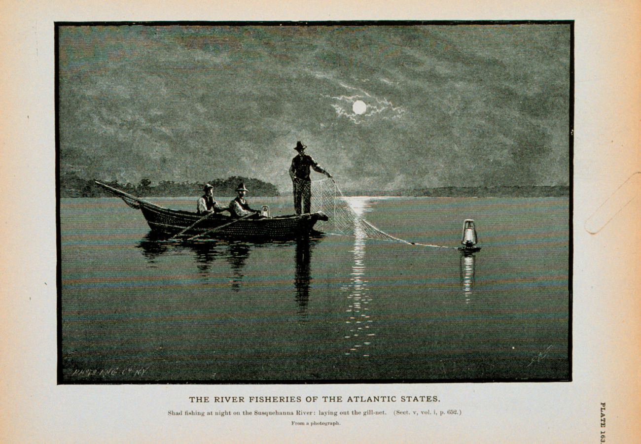 Shad-fishing at night on the Susquehanna River; laying out the gill-netFrom a photograph