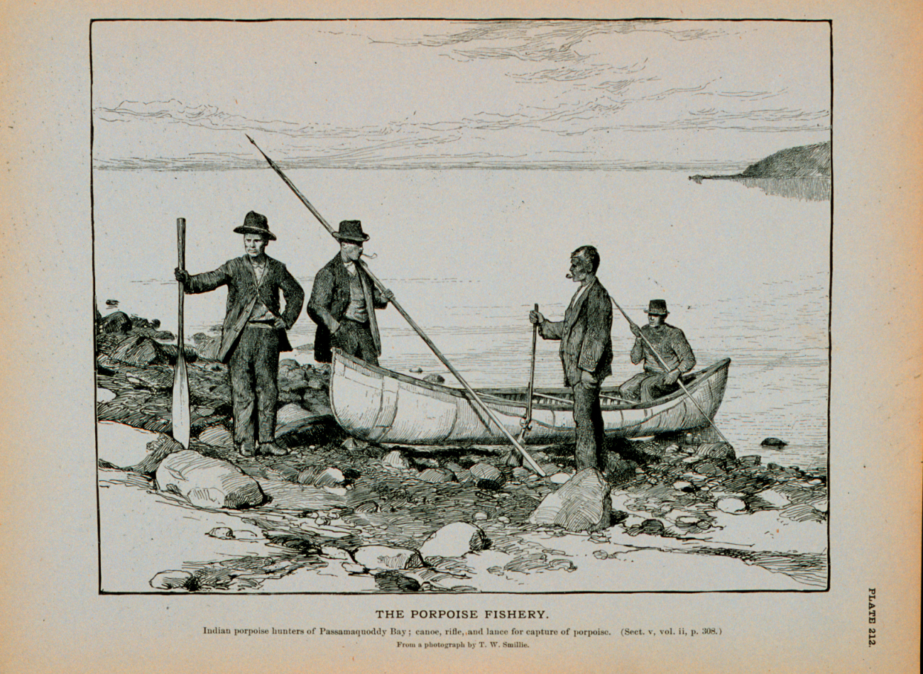 Indian porpoise hunters of Passamaquoddy BayCanoe, rifle, and lance for capture of porpoiseFrom a photograph by T