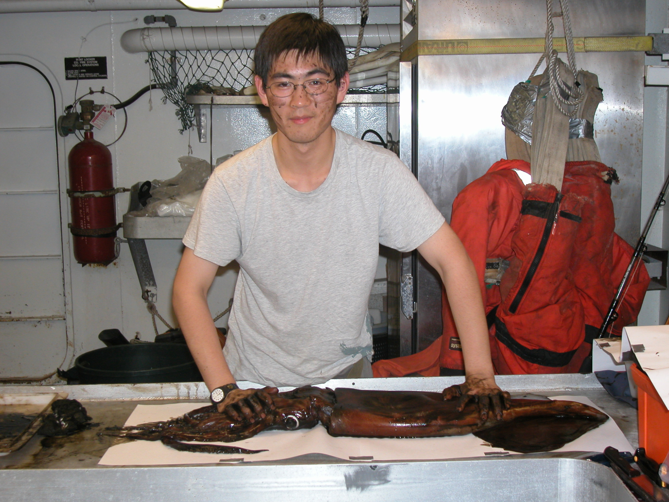 Preparing gyatoku - Japanese fish prints, in this caseattempting to produce prints of squid