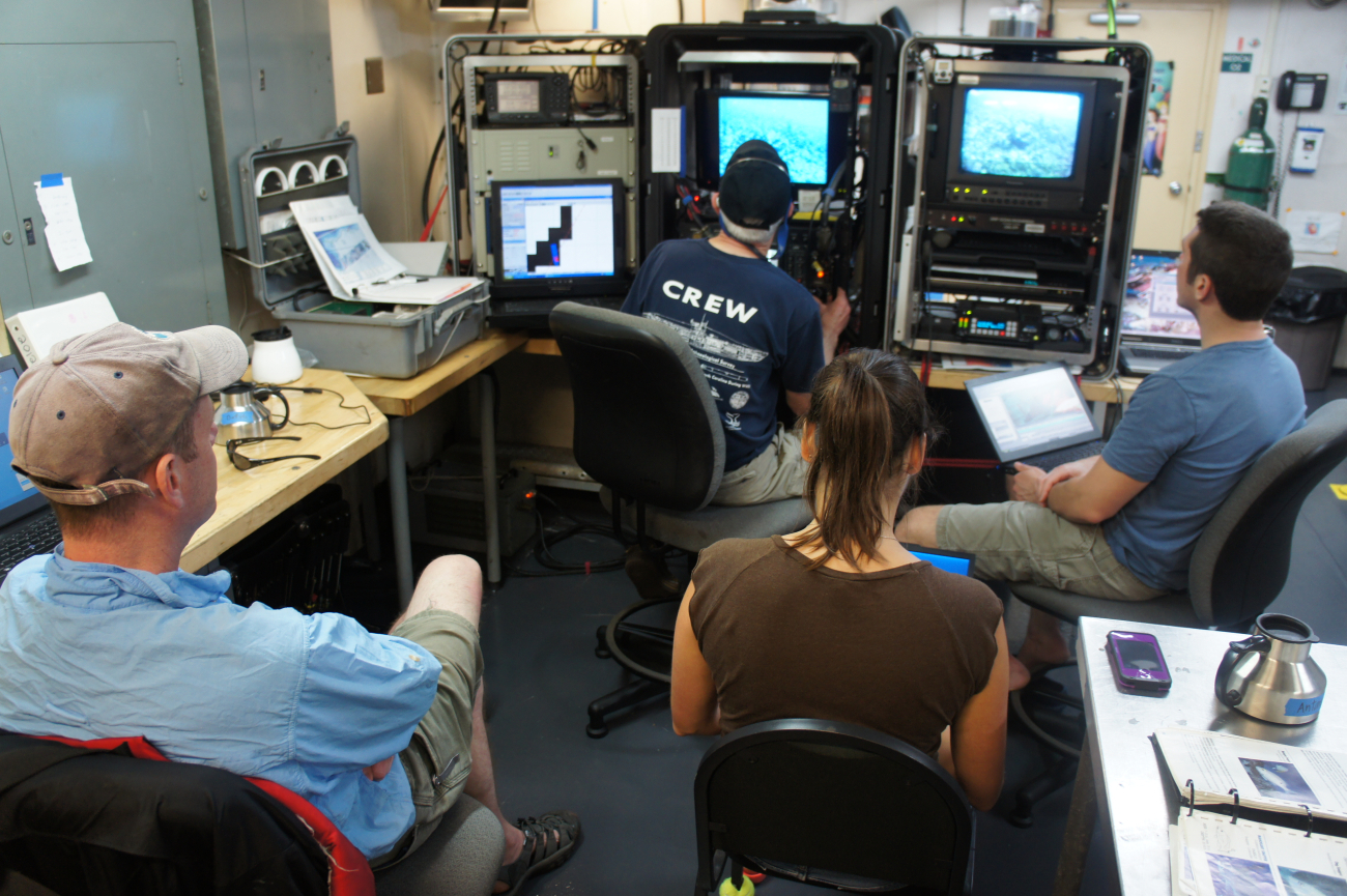 Scientific party on NOAA Ship NANCY FOSTER monitoring video streamingfrom near-bottom ROV