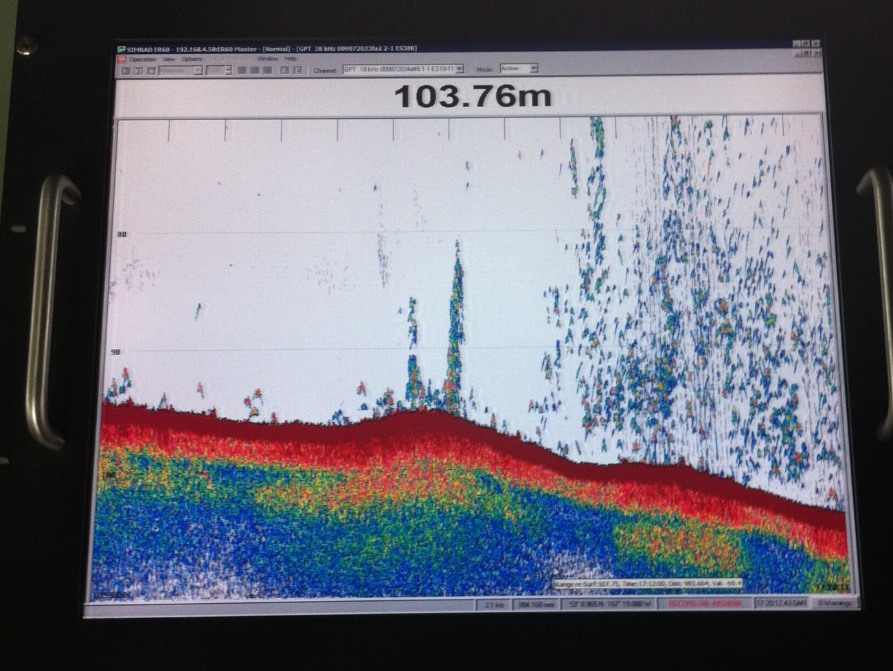 Acoustic bottom trace with fish in the water column above obtained with aSimrad ER60 system