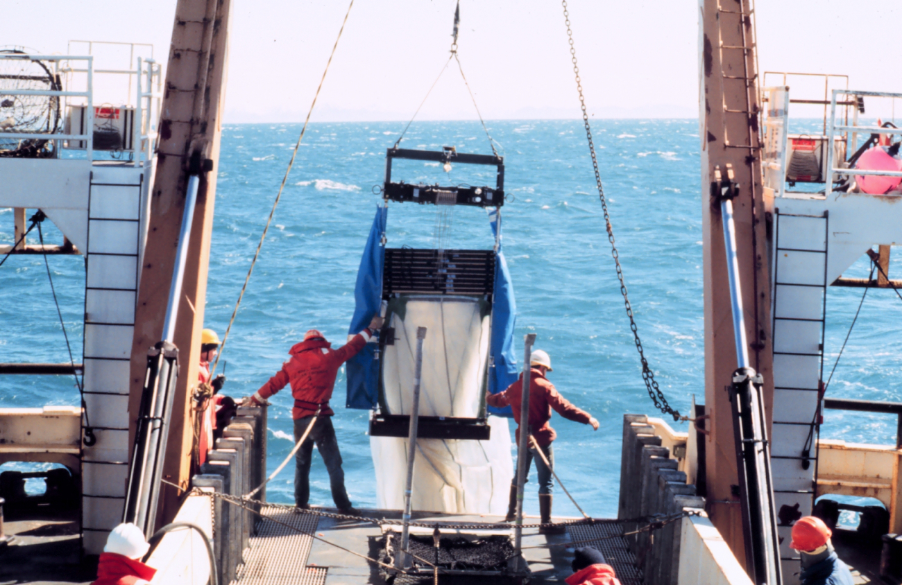 Deploying a large plankton net from the stern of the MILLER FREEMAN