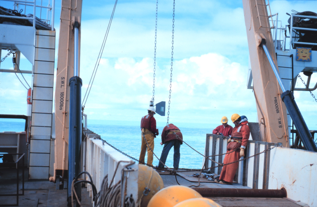 Deploying an oceanographic buoy from the NOAA Ship MILLERFREEMAN