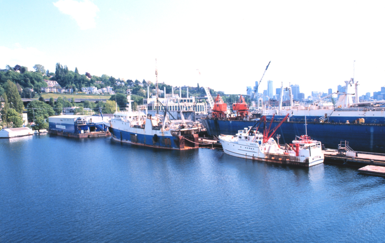 Stern trawlers that usually fish off Alaska and return to Seattle formaintenance and resupply